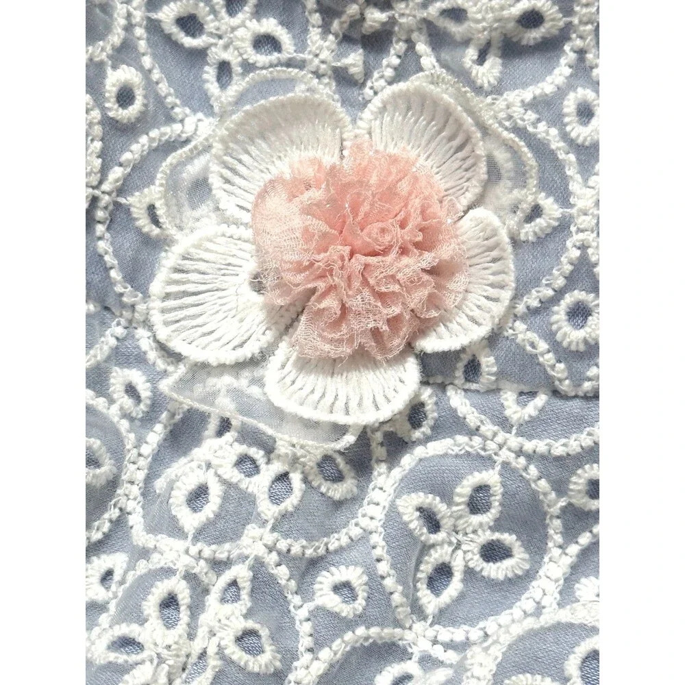 Happyland Baby Sun Hat Blue White Eyelet Flower Adjustable Rim Toddler 18 24 M
